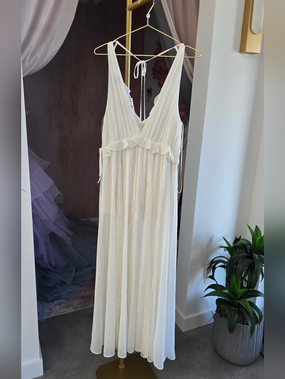 Express Women's Cream Chiffon Lace Trim Maxi With Built In Romper